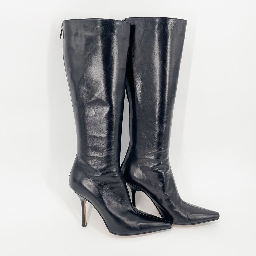 Jimmy Choo Peony Black Leather Pointed Square Toe Knee High Heeled Boot IT 39